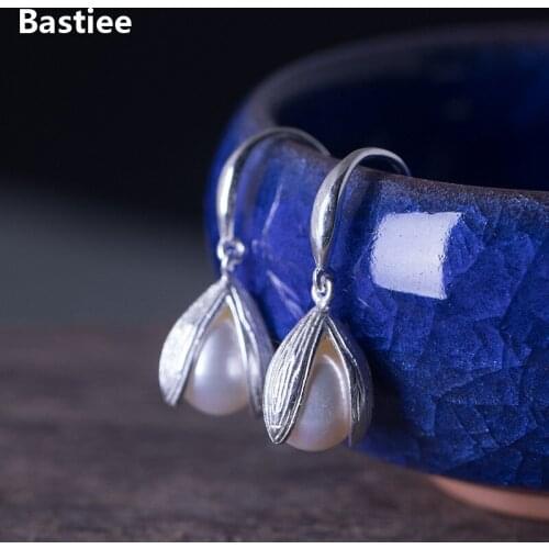 Bastiee Tulip Flower Pearl Drop Silver Earrings 925 Women Jewelry Vintage Dangle Earings Elegant Jewelery