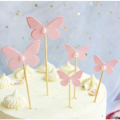 5Pcs/Lot Pink Butterfly with Pearl Cupcake Toppers Birthday Party Decorations Baby Shower Childrens Party Supplies Cake Toppers