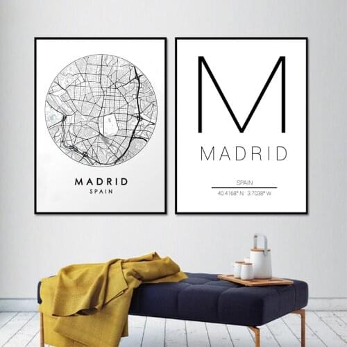 Black White Madrid City Map Wall Art Canvas Print And Posters Spain Street Map Painting Pictures Travel Living Room Home Decor