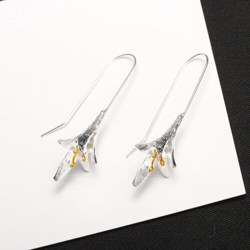 Long Flower Earrings Big Lily Charm Dangle Drop Hook Earring For Women Girls Silver Color Orchid Ear Jewelry Pendientes Eardrop