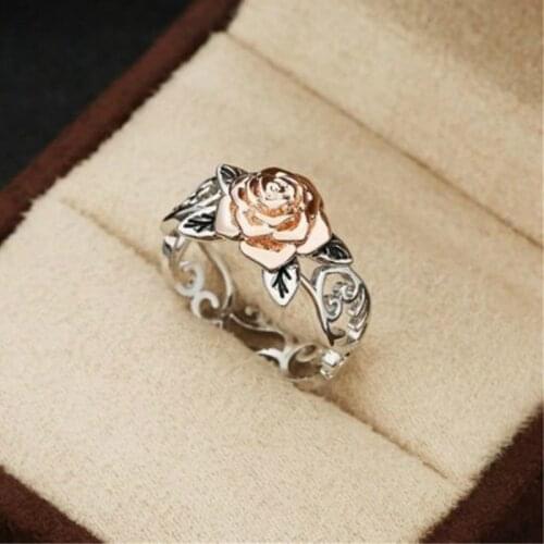 Fashion Rose Gold Flower Ring Vintage Silver Plated Ring Hand Jewelry