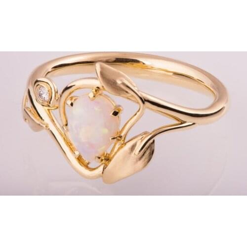 Hainon Floral White Opal Rings For Women Vintage Fashion Gold Color Leaf Shape Zircon Ring Wedding Engagement Jewelry Ring