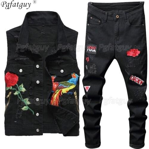 New Men Black Sets Fashion Spring Embroidered Phoenix Flower Hole Distressed Suit Denim Vest + Pants Mens Clothing 2 Pieces Set