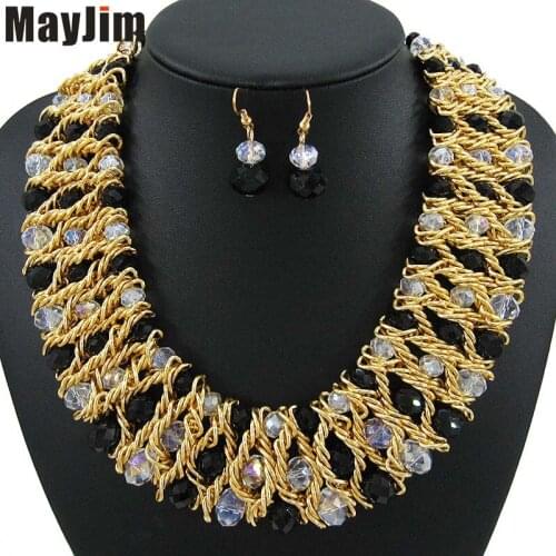 Statement chunky African beads crystal Necklace jewelry sets Handmade gold chain bridal jewelry sets Vintage fashion women