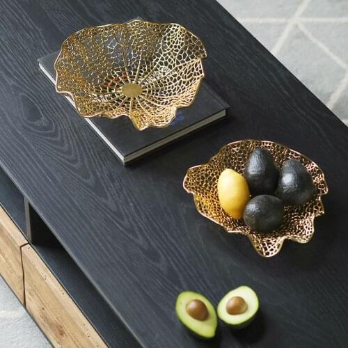 Creative Irregular Metal Fruit Plate Modern Home Living Room Decor Dining Table Lotus Leaf Shape Hollow Gold Snack Storage