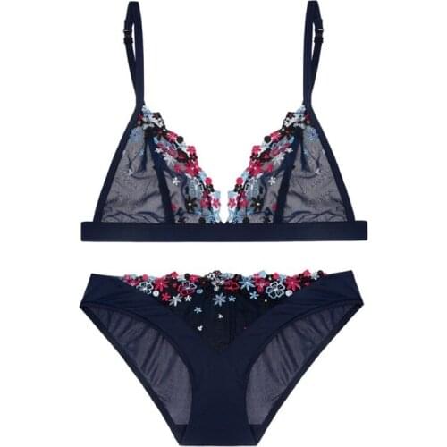 EFIOLY French Floral Lace-side Underwear Womens Deep V Sexy Ultra-thin Triangle Cup Bra Set Without Steel Ring Underwear Set