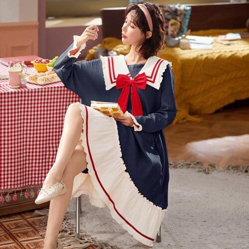 New Home Princess Style Young Girl Cotton Nightdress Knee-Length Spring Long Sleeve Women Sleepwear Dress Slash Neck Nightshirt