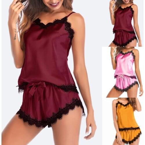 New Sexy Women Sleepwear Lingerie Lenceria Sensual Mujer Sleeveless Strap Female Nightwear Lace Trim Satin Cami Top Pajama Sets