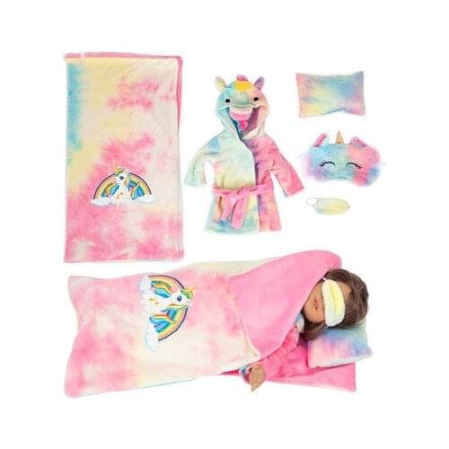 New Pattern Sleeping Bag Set Tie Dyed Pink Unicorn 6-Piece Set Fit 18 Inch American&43cm Baby New Born Doll Clothes Accessories