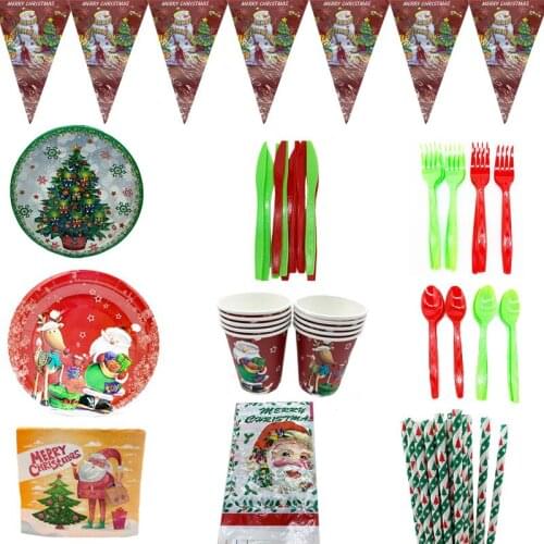 Merry Christmas Santa Claus Dinner Plates Christmas Decorations for Home Disposable Tableware Sets New Years Xmas Party Favors
