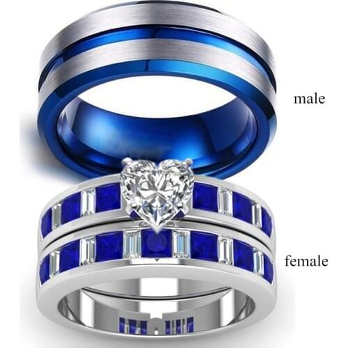 Charm Couple Ring - Mens Stainless Steel Ring And Womens Heart Blue/White Zircon Rings Set Wedding Engagement Jewelry Gift