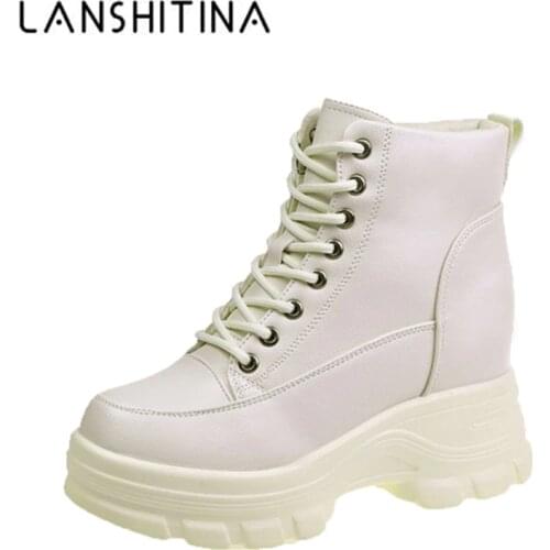 2020 Autumn High Platform Boots 9CM High Heels Women Thick Sole Ankle Shoes Leather Wedge Plush Sneakers Warm Winter Fur Boots