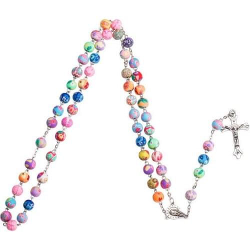 8mm Colorful Polymer Clay Beads Rosary Cross Pendant Necklace Virgin Mary Centrepieces Christian Catholic Religious Jewelry