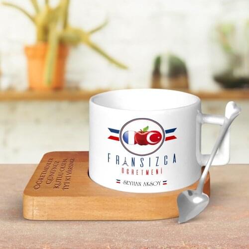 Personalized French Öğretmeni Wood Altlıklı Ceramic Cup-1