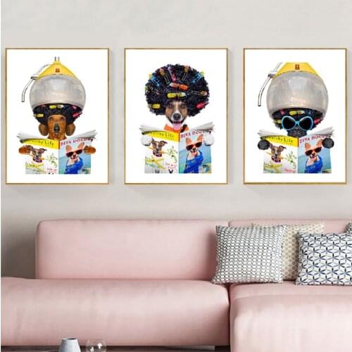 Poster HD Modern Funny Pet Dog Reading Newspaper Prints Barbershop Nordic Wall Artist Home Decoration