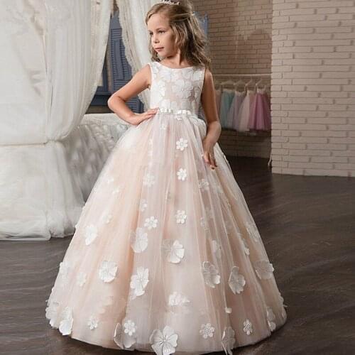 Stylish Flower Girl Dresses Champagne petal Applique Sleeveless Party Prom Princess Girls Pageant Holy Communion Dresses