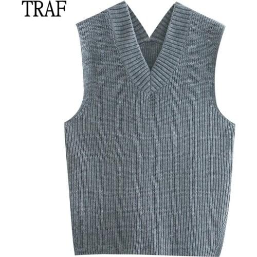 TRAF Za Sweater Women Vest 2021 Autumn Loose Pullover Sweater Women Vintage Sleeveless Casual knitted Vest Top Woman Clothing