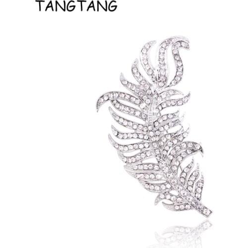 TANGTANG Brooch Silver Plated Jewelry Pins Clear Crystal Feather Rhinestone Custome Pin Brooch For Women Gifts New, Item: FB004