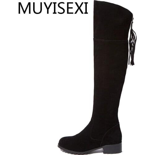 Flat Thigh High Boots Zipper Tassels Over the Knee Boots Black Women Full Suede Leather Knee High Winter LDI05 MUYISEXI