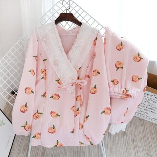 Japanese Kimono Autumn and Winter Ladies Pure Cotton Sweet Pregnant Women Plus Size Cross Nursing Home Service Maternity Pajamas