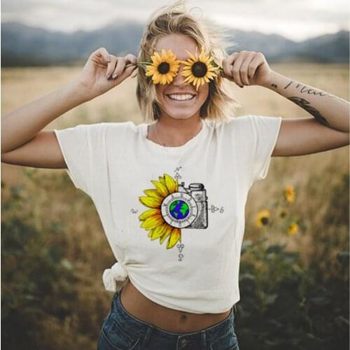 Women Graphic Sunflower T-shirt Watercolor Female Print Vintage World Compass Camera Flower Ladies Camisas Mujer Tee Tops Cloth