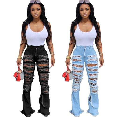 Women Hole Jeans Long Pants Boot Cut Plus Size 3xl