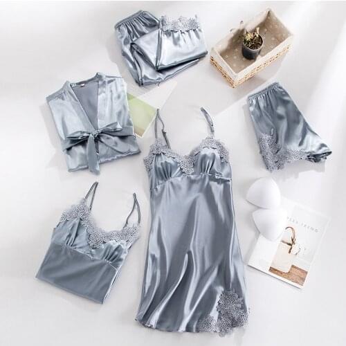 Women 5PCS Pajamas Set Satin Sleepwear Bathrobe Lace Nightwear Kimono Robe Gown Intimate Lingerie Home Clothes