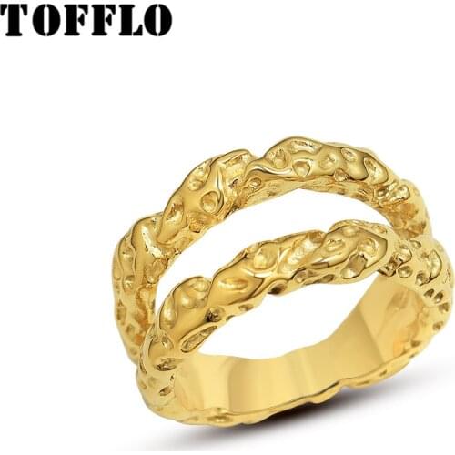 TOFFLO Stainless Steel Jewelry Pleated Texture Double Layer Ring 18 K Golden Womens Fashion Ring BSA225