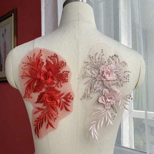 1Pc Red Light pink 3D Flower Lace Applique DIY Childrens Dress Skirt Headband Accessories 21X12cm BD0722