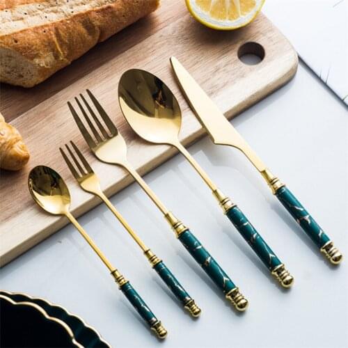 5pcs/set Creative Tableware Marbling Coffee Spoon Fruit Fork Steak Knife Ceramic Handle Cutlery Stainless Steel Dinnerware Set