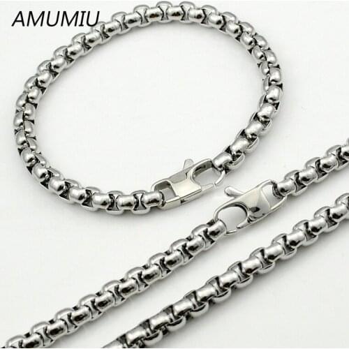 AMUMIU New Arrival 8mm Fashion Jewelry Sets 316L Stainless Steel Box Chain Necklace set Bracelet Polished Party KTZ086