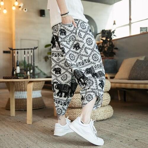 Summer Mens Calf Length Loose Casual Pants Floral Chinese Style Thin Cotton Linen Trousers F15