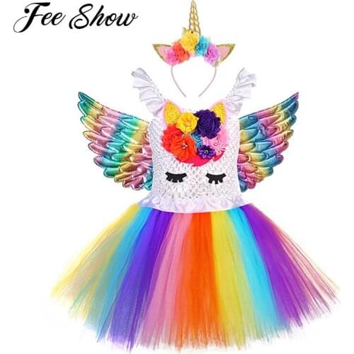 Kids Girls Princess Dresses Outfit Cosplay Costume Colorful Cartoon Pattern Dress with Headband Set for Performance Birthday