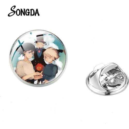 Howls Moving Castle Lapel Pins Japanese Anime Collection Fashion Art Picture Glass Cabochon Stainless Steel Pin Cosplay Badges