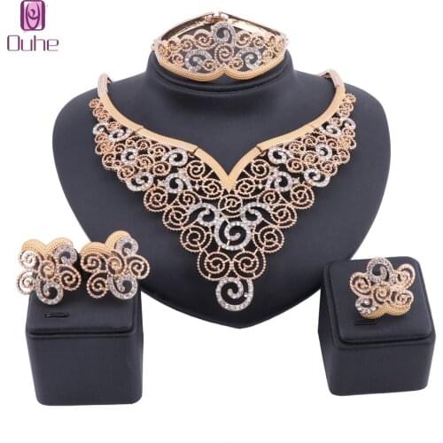 Exquisite Dubai Crystal Jewelry Set Luxury Gold Color Big Nigerian Wedding Necklace Earring Costume Design Jewelry Set