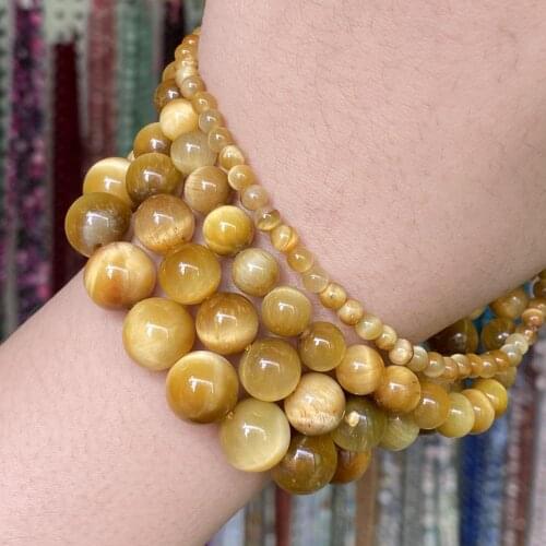 Golden Natural Stone Tiger Eye Round Spacer Loose Beads For Jewelry Making Diy Bracelet Charm Necklace 4 6 8 10 12mm 15"strand