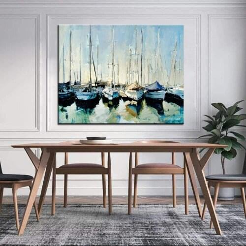 Boats Sea Landscape Hand Painted Abstract Oil Painting On Canvas Handmade Modern Decoration Office New Home Housewarming Gift
