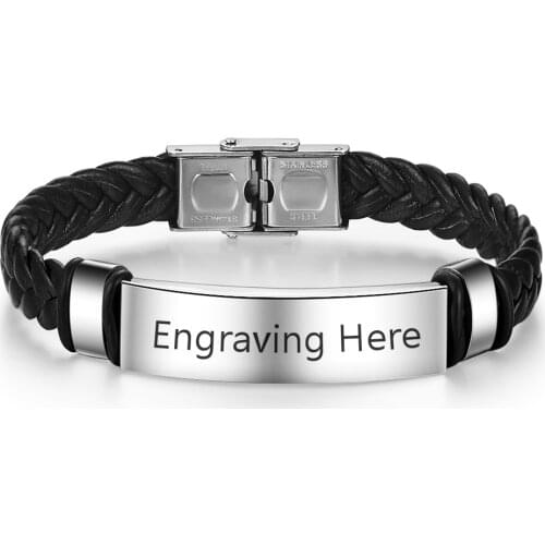 Personalized Engrave Name Black Braid Leather Bracelet Stainless Steel Bar ID Bracelets & Bangles for Men Jewelry Vintage Gift
