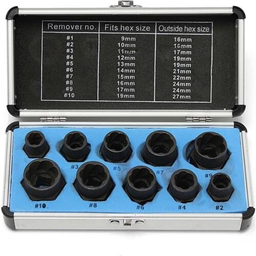 10PC Broken Nut Bolt Extractor Socket Head To Take Hexagonal Screw Tool Screws Remover Threading Tool Kit Black Nuts Set 9-19mm