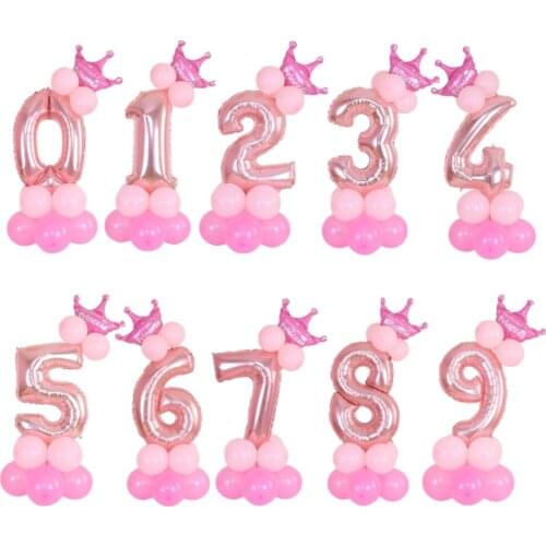 Number Foil Birthday Balloon Set 32inch Rose Gold Digital Stand Balloons Crown Happy Wedding Anniversary Decoration Party Supply