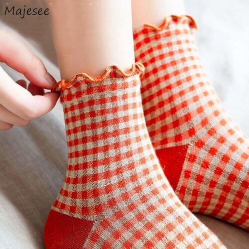Socks Women 4 Pairs Plaid Students Fungus Spring Elasticity Invisible Middle Tube Cute Breathable Jk Kawaii Casual Daily 6 Color