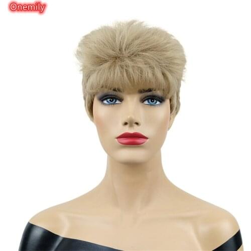 Onemily Short Straight Layered Blonde Wig with Bangs Women Synthetic Natural Hair Wigs