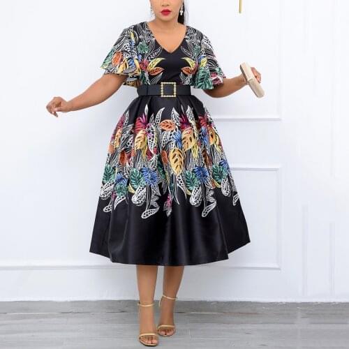 Elegant Black Dress Women For Wedding Party Midi Printed High Waisted V Neck Mid Calf Fashion Evening Night Dinner Vestidos Hot