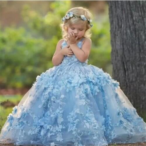 Luxury Sky Blue Flower Girl Dresses Ball Gown 3D Flowers Beautiful Girls Pageant Dress First Birthday Party Dress for Girls