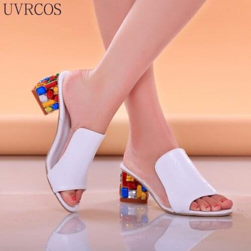 Ladies Fashion Summer Crystal Sandals Rhinestone High Heel Open Toe Shoes Colorful Ladies Beach One Word Thick Heel Slippers
