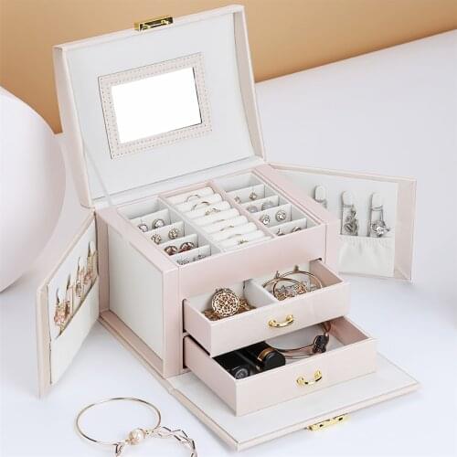 High Quality Jewelry Box Large Capacity Leather Storage Jewelry Box Earring Ring Necklace with Mirror Watch Jewelry Organizer