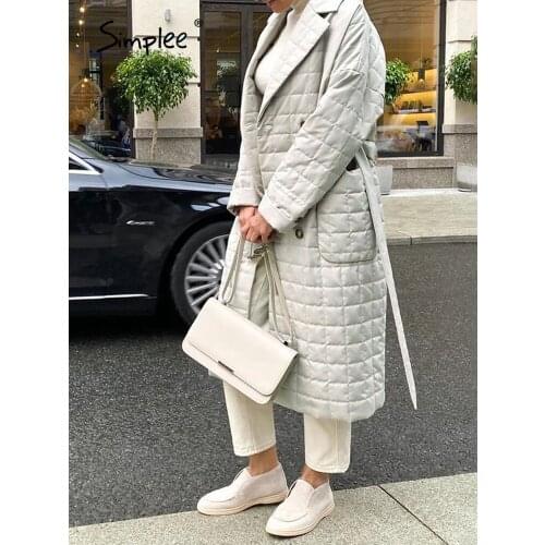 Simplee Office lace up loose women winter parka solid Casual lapel pocket ladies long coat Basic light female puffer jacket 2021