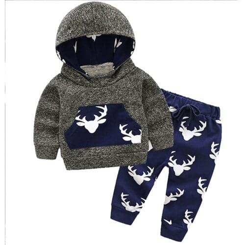 2Pcs Toddler Boys Cotton Elk Print Spring Sport Suit Hooded Long Sleeve Sweatshirt Elastic Waistband Drawstring Pants Sports Set