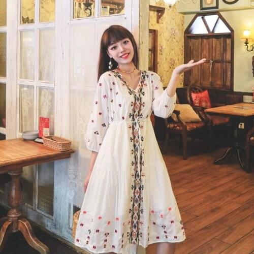 Video Scene Shooting Four-Color Heavy Industry Custom National Wind Restoring Ancient Ways Loose Waist Embroidery Flower Holiday