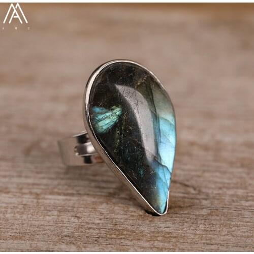 Top Quality Natural Flash Labradorite Stone Waterdrop Ring For Women Fashion Ring Jewelry Gift For Her Dropship